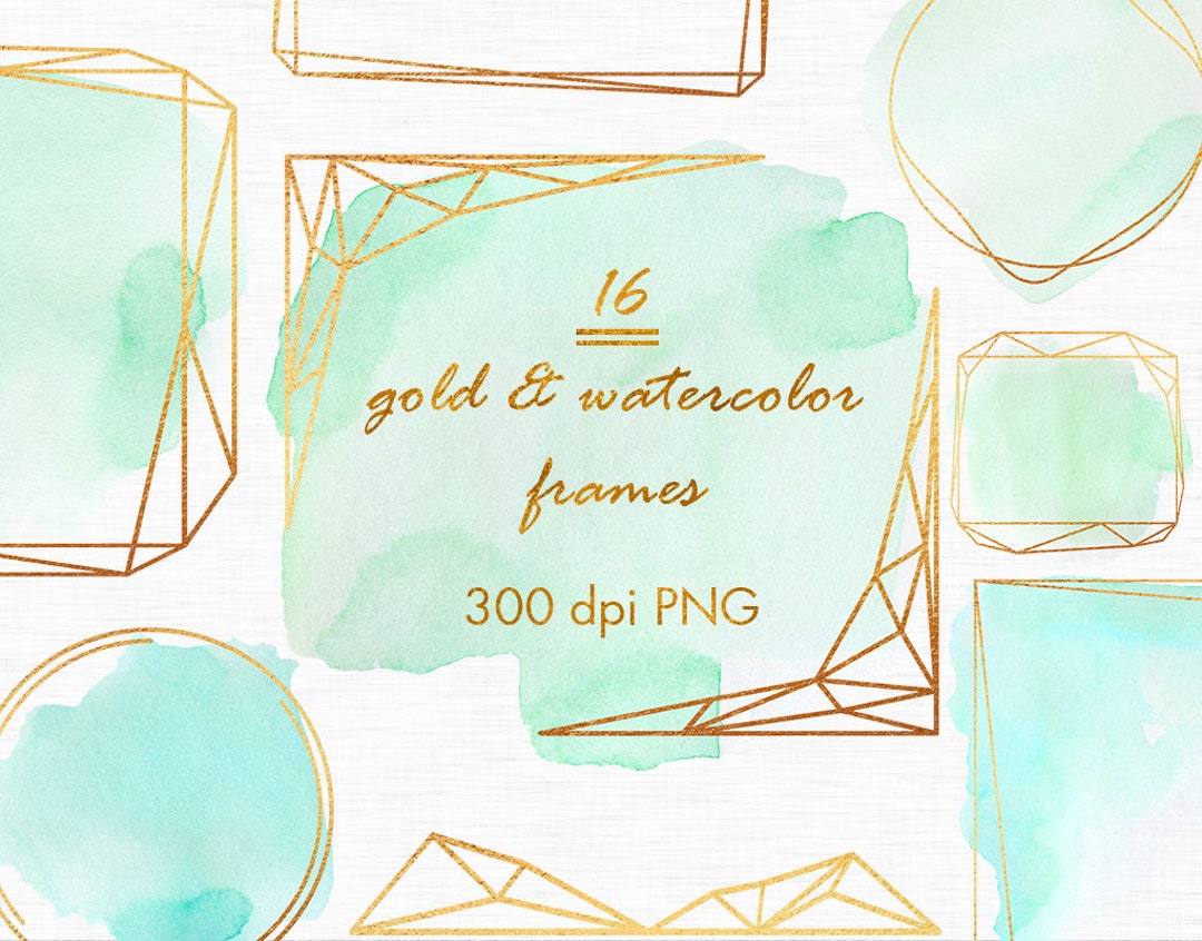 Gold and Mint Watercolor Frames, Mint Green Frames, Gold Overlays, Gold