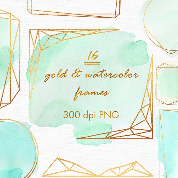 Gold and Mint watercolor frames, Mint green frames, Gold overlays, Gold Watercolor frames clipart, Design elements, Polygonal clipart