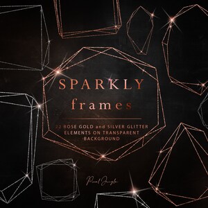 Sparkly crystal frames clipart, Rose gold geometric frames clip art, Silver frame overlays, Design elements, Rose gold glitter frames