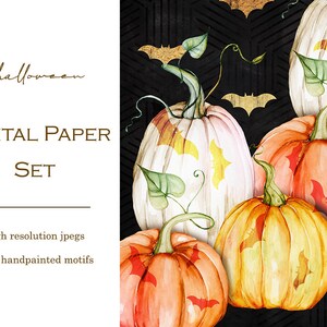 May include: Digital paper set with a Halloween theme featuring four watercolor pumpkins with bats on a black background. The pumpkins are painted in shades of orange, yellow, and white.