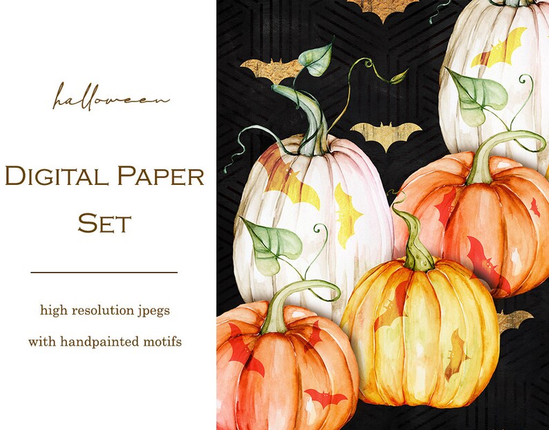May include: Digital paper set with a Halloween theme featuring four watercolor pumpkins with bats on a black background. The pumpkins are painted in shades of orange, yellow, and white.