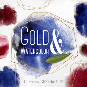 Cadres en or et aquarelle, Cadres en or clipart, Bourgogne, Cadre en cristal marine, Superpositions de cadres, Éclaboussures d’aquarelle, Éléments de design, Logo