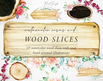 Watercolor Rose Wood Slices Clipart: Floral Frames (PNG)