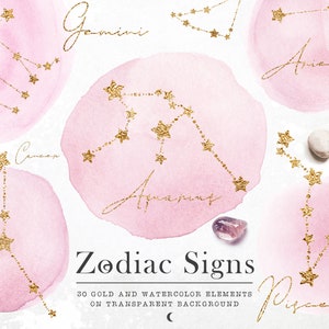 Gold zodiac constellations clipart, Pink zodiac clipart, Watercolor zodiac, Astrology, Celestial clipart, Zodiac overlays, PNG Zodiac signs