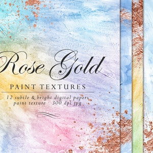 Textures de peinture arc-en-ciel avec or rose, papiers numériques en or rose, éclaboussures de peinture en or rose, papier peint peint, fond en or rose, pack de papier