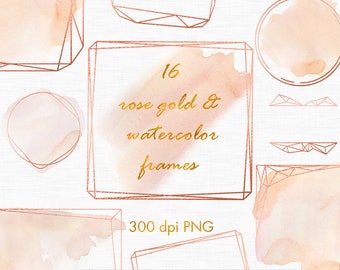 Rose gold watercolor frames, Rose gold overlays, Watercolor frames clipart, Rose gold design elements, Wedding clipart, Polygonal clipart