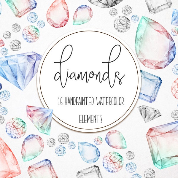 Watercolor diamonds clipart, Hand drawn diamond clip art, Watercolor gems clipart, Minerals, Watercolor design elements, PNG