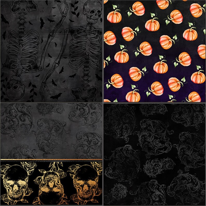 May include: A digital collage of four Halloween themed patterns. The top left pattern features a black and white skeleton on a dark gray background. The top right pattern features orange pumpkins on a dark purple background. The bottom left pattern features a black and white skull and floral design on a dark gray background. The bottom right pattern features a black and white floral design on a dark gray background.