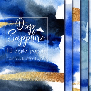 Deep blue and gold watercolor digital paper, Watercolor texture, Paper pack, Watercolor paper, Paint texture, Sapphire blue, Deep blue