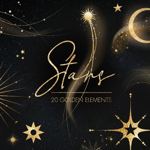 Cosmic design elements, Gold stars clipart, Astrological clipart, Gold stardust, Gold star overlays, Sun, Comet, Cosmos, Transparent PNG