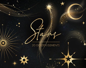 Cosmic design elements, Gold stars clipart, Astrological clipart, Gold stardust, Gold star overlays, Sun, Comet, Cosmos, Transparent PNG