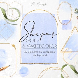 Blauw logo pack, Gouden folie cirkels, Gouden driehoek, Goud vierkant, Aquarel verf spatten, Blauw en goud ontwerp elementen voor logo, PNG