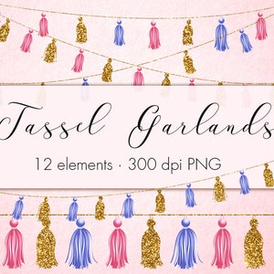 May include: A set of 12 digital printable tassel garlands in pink, blue, and gold. The garlands are perfect for adding a touch of whimsy to any party or event.  "Tassel Garlands" and "12 elements · 300 dpi PNG" are written on a white rectangle.
