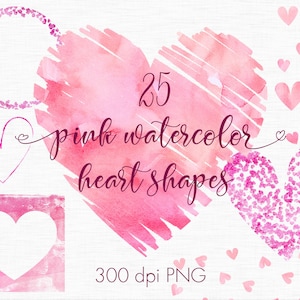 Pink watercolor hearts clipart, Watercolor design elements, Pink heart, Love clipart, Heart overlays, Wedding clip art, Valentine&#39;s day