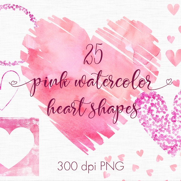 Pink watercolor hearts clipart, Watercolor design elements, Pink heart, Love clipart, Heart overlays, Wedding clip art, Valentine's day