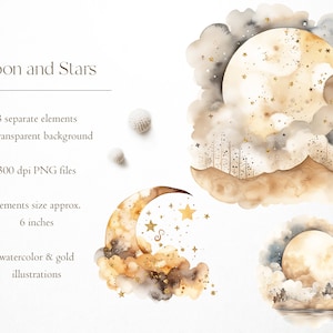 Watercolor moon and stars with golden finish, Watercolor stars, Watercolor landscapes, Moon overlays, Painted moon, Gold stars, PNG overlays image 2