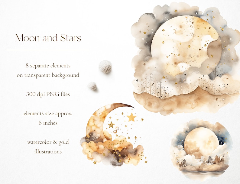 Watercolor moon and stars with golden finish, Watercolor stars, Watercolor landscapes, Moon overlays, Painted moon, Gold stars, PNG overlays image 2