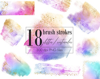 Watercolor rainbow brush strokes clipart, Gold glitter brush strokes, Rainbow brush clip art, Watercolor paint splatters, Paint splashes