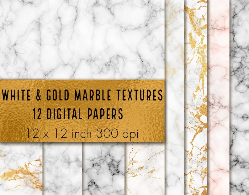 May include: Twelve digital papers featuring white and gold marble textures. Each paper is 12x12 inches and 300 dpi.
