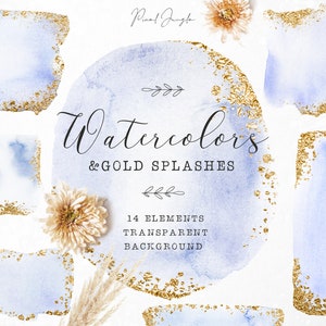 Blauwe aquarel spatten met goudfolie afwerking, Aquarel design elementen, Aquarel verf, Aquarel overlayds, Transparante png