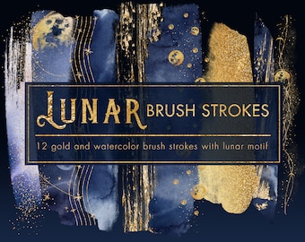 Lunar brush strokes clipart, Gold brush strokes, Golden moon, Navy blue design elements, Denim blue brush strokes, Instant download