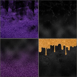 May include: A digital collage of four different textures. The top left image is a purple and black textured background. The top right image is a black marble texture. The bottom left image is a black and purple textured background with glitter. The bottom right image is a black textured background with gold glitter dripping down.