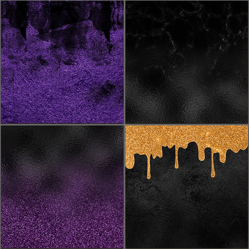 May include: A digital collage of four different textures. The top left image is a purple and black textured background. The top right image is a black marble texture. The bottom left image is a black and purple textured background with glitter. The bottom right image is a black textured background with gold glitter dripping down.