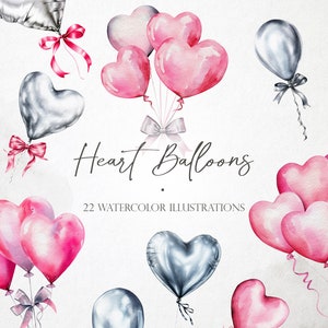 Hart ballonnen clipart, liefde ballonnen illustraties, Valentijnsdag clipart, roze ballon overlays, liefde clipart, ontwerpelementen, transparante PNG