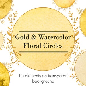 Círculos de acuarela de oro amarillo, Marcos florales, Adornos de oro, Clipart de círculos, Elementos de diseño de acuarela, Clipart de boda, Círculo, Banner