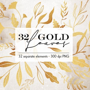 Clipart de hojas de oro, superposiciones botánicas de oro, hierbas, elementos de diseño floral de oro, flores de oro, superposiciones de oro, cliaprt metálico dibujado a mano