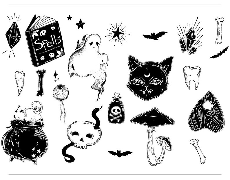 May include: Black and white illustrations of Halloween-themed objects. Includes a spell book, ghost, cat, crystals, bats, cauldron, skull, mushroom, and Ouija board. The spell book has the word "Spells" on the cover.