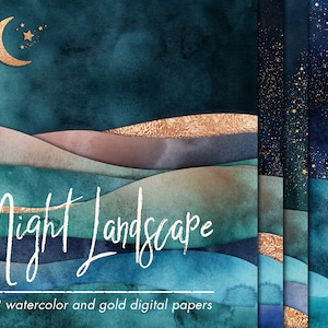 Paquete de papel de paisaje cósmico, Paisaje nocturno, Papeles digitales de acuarela cósmica, Papel tapiz de acuarela, Noche estrellada, Fondos JPG