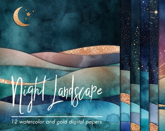 Puede incluir: Un conjunto de 12 papeles digitales con diseños de acuarela y lámina dorada. Los papeles representan un cielo nocturno con estrellas, una luna creciente y un paisaje de olas azules, verde azuladas y rosadas. El texto "Night Landscape" está escrito en cursiva blanca.