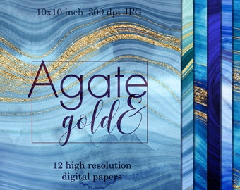 May include: Twelve digital papers featuring blue and gold agate patterns. The papers are 10x10 inches and 300 dpi.