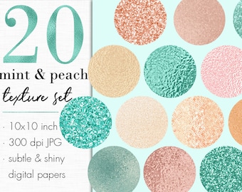 Mintgrünes Textur-Set, Mint Digitales Papier, Peach pink digitales Papier Clipart, Metallic Papier, Glitzer, Folie, Mint Hintergrund, Mint Tapete