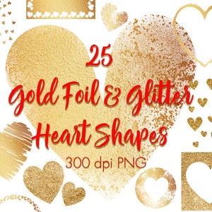 Gold hearts clip art, Gold design elements clipart, gold foil heart, gold glitter hearts, Heart overlays, Wedding clip art, Valentine's day