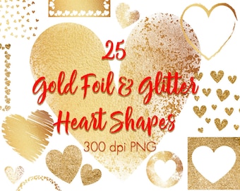 Gouden harten clip art, Gouden design elementen clipart, goudfolie hart, gouden glitter harten, Hart overlays, Bruiloft clip art, Valentijnsdag