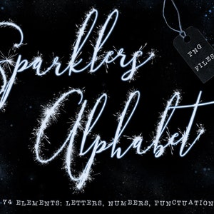 May include: Sparkling white letters of the alphabet, numbers, and punctuation marks on a black background with a starry sky effect.  74 elements included. PNG files.