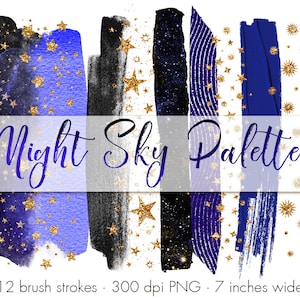 Clipart de pinceladas do céu noturno, confetes de estrelas douradas, respingos de tinta, elementos de design, clipart metálico, clipart de pincel, glitter dourado