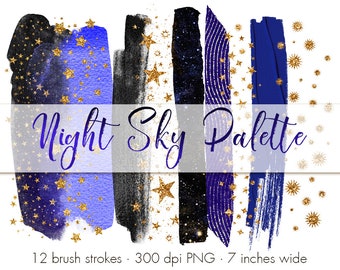 Night sky brush strokes clipart, Gold stars confetti, Paint splatters, Design elements, Metallic clipart, Brush clip art, Gold glitter