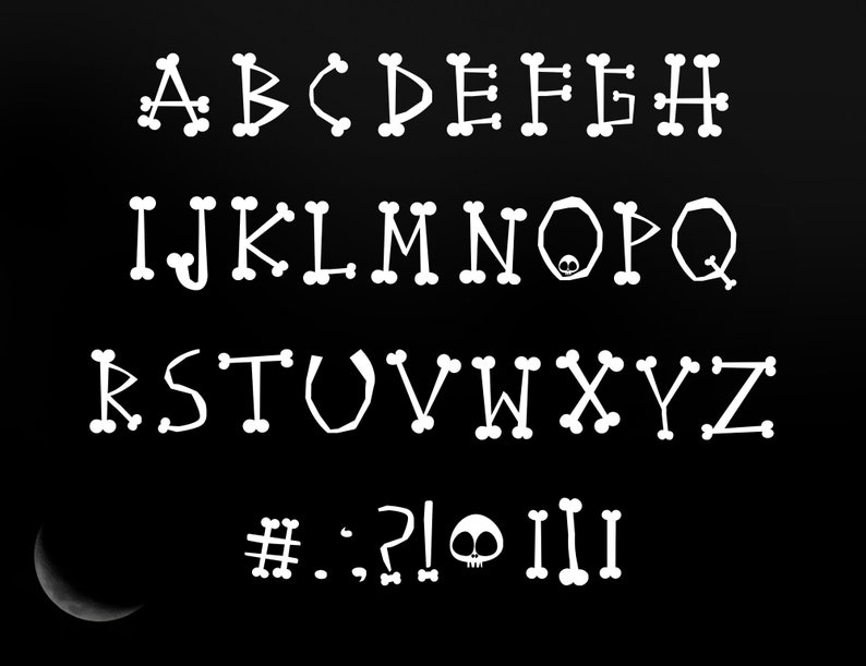 May include: White bone-shaped alphabet letters and symbols on a black background. The letters include A-Z, #, :, ?, !, and a skull and crossbones.