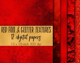 May include: A set of 12 digital papers featuring red foil and glitter textures. The papers are 10 x 10 inches and 300 dpi.
