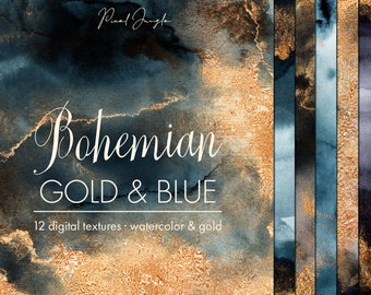 Navy Blue & Gold Foil Watercolor Digital Paper (Digital Download)