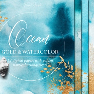 Carte digitali oceaniche, sfondi oceanici turchesi, trame acquerello con oro, clipart carte acquerello oro, sfondo acquerello