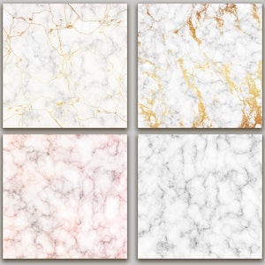 May include: Four different marble textures, each with a unique pattern. The top left is white with gold veins, the top right is white with gold veins, the bottom left is white with pink veins, and the bottom right is white with gray veins.