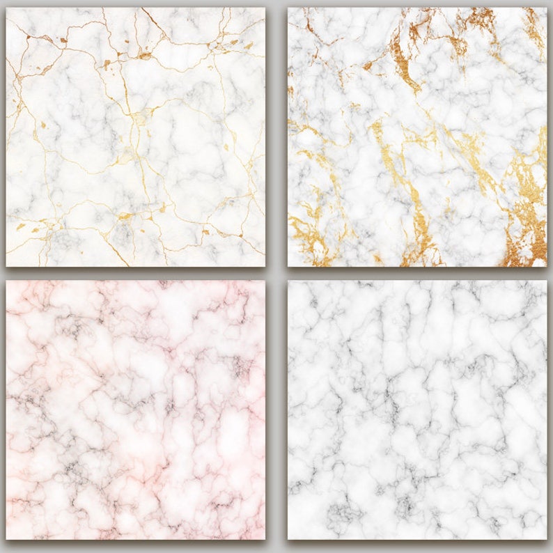May include: Four different marble textures, each with a unique pattern. The top left is white with gold veins, the top right is white with gold veins, the bottom left is white with pink veins, and the bottom right is white with gray veins.