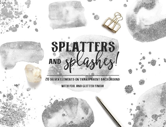 Silver Glitter Paint Splashes Clipart: Foil Brush Strokes (PNG)