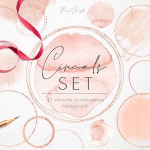 Roségouden cirkels met blush aquarel, aquarel cirkels voor logo, roségouden cirkels voor logo, aquarel ontwerpelementen, roségoud folie