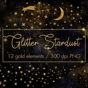 Clipart de poeira estelar dourada, clipart de estrelas douradas, pó mágico, sobreposições de estrelas, céu noturno, clipart de galáxia, clipart de estrela, estrela dourada, clipart de lua, png