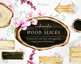 Watercolor Magnolia Wood Slices Clipart: Floral Frames (Digital Download)